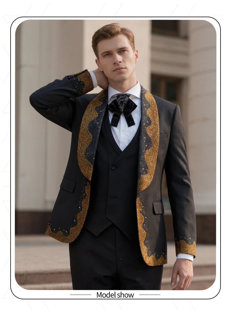 3 Pcs Men Suit Hot-fixed Rhinestone Shawl Collar One Button Flap Pockets for Wedding Party Engagement Men Elegant Outfit - Image 2